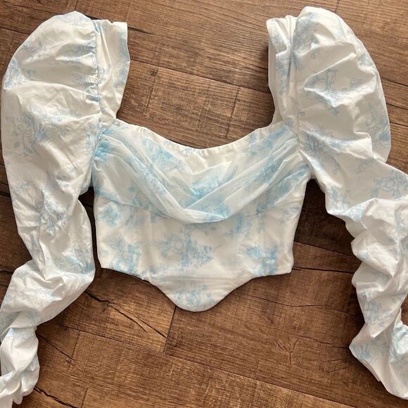 Oh Polly toile blue puff sleeve corset top - Picture 2 of 3
